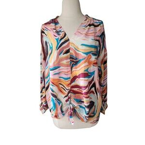 Marie Oliver Silk Blouse Women's Size M Multicolor Swirl V-neck Knotted Front